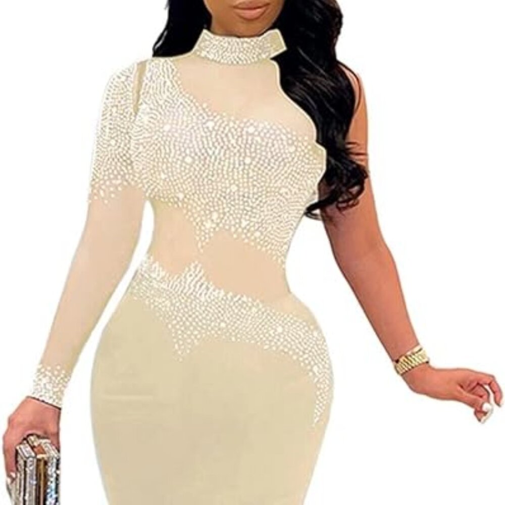 brand new=Apricot  Sexy  See-through Rhinestone Evening Gown